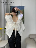Open Back Puff Sleeve Crop Top Summer 2022 Short Sleeve Blouse Casual Peplum Top White Tie Back Korean Fashion