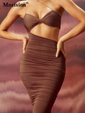 Off-shoulder Backless Bodycon Sexy Dress For Women Summer Brown Sleeveless Strapless Ruched Party Madi