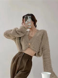 Autumn Fashion Casual Elastic One Button Short V-neck Knitted Sweater Plush CardiganTops high street Korean stytle