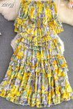 Vintage Floral Ruffle Chiffon Long Dress Women Sexy Slash Neck Off Shoulder Flare Sleeve High Waist A-Line Beach