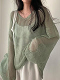 Oversized Long Sleeve Crochet Knit Top-Outfit