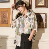 Colored Drawing Short Sleeve Blouse Women Summer Top Button Up Loose Collared Shirt Casual Fashion