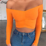 Women Solid Color Skinny Slim Fit Sexy Off Shoulder Long Sleeve V neck T Shirts Spring Autumn Short