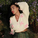 White Short Pink Bow Cardigan- Outfit