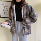 Vintage Harajuku Thick Plush Warm Plaid Shirts Women Autumn Winter Loose Long Sleeve Casual Blouse Korean Y2k Tops