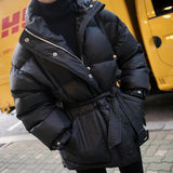 Black Women's Fashion Down Parka Winter Jacket Simple Cuff Design Windproof Warm Female High Quality Coats With Belt