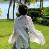 White Sunscreen Shirt Women Sexy Backless Chiffon Sun Protection Cardigan Tops Summer Elegant Solid Loose Casual