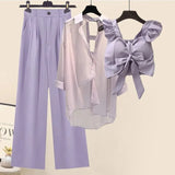 Women Summer Purple 3 Pieces Set 2023 Fashion Short Vest+long Sleeve Backless Chiffon Sunscreen Blouse+wide Leg Long Pants