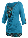 Front Roll Up Sleeve Plaid Tee Faux Twinset Tee 2 In 1 Women Tees 2FerTwofer