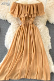 Chiffon Dress Women Sexy Slash Neck Ruffle Robe Elegant Ruffle High Waist Vestidos Female Beach Vacation