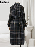 Autumn Winter Long Loose Warm Plaid Wool Blends Trench Coat for Women Raglan Sleeve Belt Double Breasted Woolen