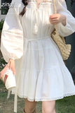 White Lace Dress Women Hollow Out Mini Dress Female Elegant Sweet Dress Ladies Long Sleeve V Neck Lace Up