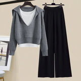 Winter Women Clothing Korean Casual Vest+knitted Sweaters+wide Leg Knitting Wide Leg Pants Sets Ladies Warm Knitwears