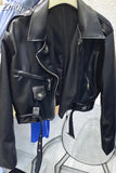 Spring Autumn Short Blue Soft Pu Leather Biker Jacket Women Zipper Long Sleeve Belt Cool Luxury Designer Clothes