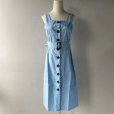 Green Cotton Mini Dress Summer for Woman Front Buttons Camisole Dress Split Square Collar Belt robe