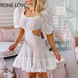 Women Elegant Solid Puff Sleeves Edged with Lace Ruffle Hem Midriff Mini Hollow Out Bodycon