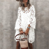 Queens Women Lace Hollow Out Ruffled Bohemian White Dress Long Sleeve Sexy Beach Boho