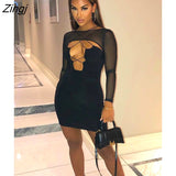 Transparent Hollow Out Women Dresses Long Sleeve Bandage Bodycon Clubwear Fashion Sexy Slim Female Stitching