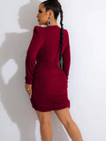 Sexy Solid Shine Velvet Ruched Irregular Mini Dress Women Long Sleeve Deep V Neck Bodycon Night Clubwear