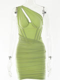 Double Layer Mesh Bodycon Mini Dress Women Summer One Shoulder Backless Sexy dresses Sexy Party Ruched Dress