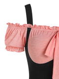 Shoulder Bowknot Faux Twinset Dress Open Shoulder 2 in 1 Twofer