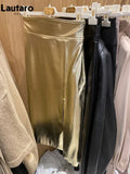 Spring Autumn Shiny Black Silver Golden Pu Leather Skirt Women Front Slit High Waist Long Luxury Designer Clothes