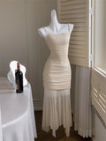 Women Elegant Luxury Party Prom Midi Dress Summer Solid Irregular Mesh Straps Princess Vestidos Female Bodycon