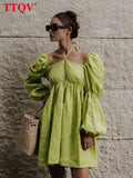 Sexy Halter Lace-Up Mini Dress Ladies Autumn Puff Sleeve Hollow Out Vintage Dress Elegant Ruched Party Dresses For