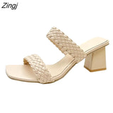 New Fashion Summer Women Sandals Ladies Shallow Mouth Colorblock High Thick Shoes Middle Heel Ladies Slippers Plus