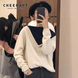 Preppy Style Wool Blends White Sweater Women Pullovers Fall Winter 2021 Color Block Sweater Knitted Sweater Loose