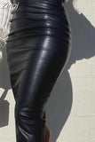 Spring Luxury Elegant Black Soft Stretchy Pu Leather Ruched Bandage Pencil Skirt Women High Waist Office Wear Women