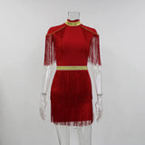 New Summer Women Tassel Bandage Dress Black Red Sexy O Neck Short Sleeve Celebrity Evening Club Mini Party Dresses