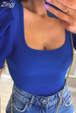 Elegant Short Puff Sleeve T-shirts Tops Women Summer Square Collar Knitted Tees Shirts Solid Basic Ribbed