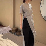 Y2K Dress Women Solid Bandage Asymmetrical Side Slit Chic Midi Dress Streetwear Simple Lace Up Casual A Line Slim
