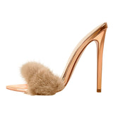Onlymaker Peep Toe Mules Artificial Fur Slip On Gold White Thin High Sandals Big Size High Quality Summer Women Brand
