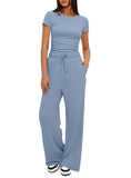 Suit Folding 2025 New Solid Short-Sleeved Top High-Rise Broad Leg Pants