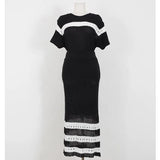 Women O Neck Half Sleeve Pullover Tops High Waist Maxi Skirts Elegant Suits Summer New Striped Hit Color Knitted Two Piece