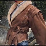 / Winter Women's Spice Girl Lapel Lamb Coat With Waist Short Biker