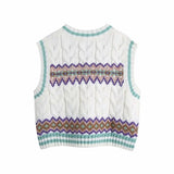 Fashion Geometry Jacquard Sweater Vest Women With Ribbed Trims Pullover Twist Pull Sans Manches Femme V Neck Vintage