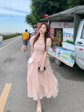 Beaded Ruffle Sweet Fairy Apricot Elegant Dress Summer Trend Square Neck Short Sleeve High Waist Slim Womens