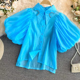 Sleeve Blouses Korean Fashion Women Clothes Button Up Shirt Harajuku Shirts Summer Elegant Vintage See Through Blusas