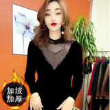 Winter Stand Collar Diamonds Mesh Patchwork Sexy T-shirt Lady Long Sleeve Slim All-match Bottoming Pullover Top Women
