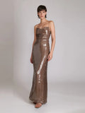 Sexy Sleeveless Backless Lace-up Slim Long Dress Summer Elegant Pleated Backless Bright Sequins Dress Luxury Evening