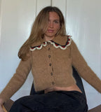 Fashion Women Sweaters Sweet Patchwork Ruffled Knitted Sweater Vintage Peter Pan Collar Pull Femme Winter Pullovers