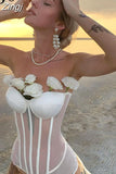 Fashion Patchwork White Mesh Bustier Top Sexy Ladies Transparent Corset Top Strapless Lace Up Crop Tops