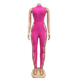 Sexy Solid Blue Hollow Out Long Pants Jumpsuit Women Sleeveless Back Zipper Skinny Romper Clubwear Jumpsuits 2021