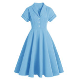 Office Retro Vintage Women Swing A Line Dresses Turn Down Collar Button Front Short Sleeve Rockabilly Flare 50s