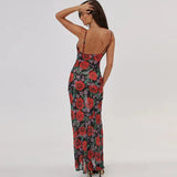 Flower Print Mesh Slip Maxi Dress-Outfit
