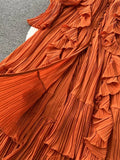 Chiffon Pleated Long Dress Women Vintage V-Neck Flare Sleeve Draped Ruffle Vestido Female Maxi Robe Spring