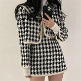 Houndstooth 2pcs Set Women Navy Collar Tweed Mini Bodycon Skirt Suit Lady Elegant Cropped Jacket Plaid Set Knitted